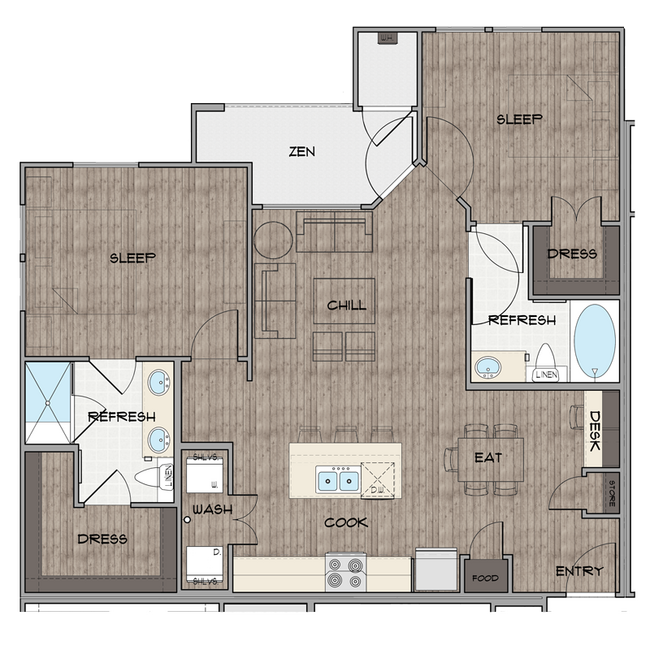 2 Bedroom, 2 Bathroom 3211 floor plan